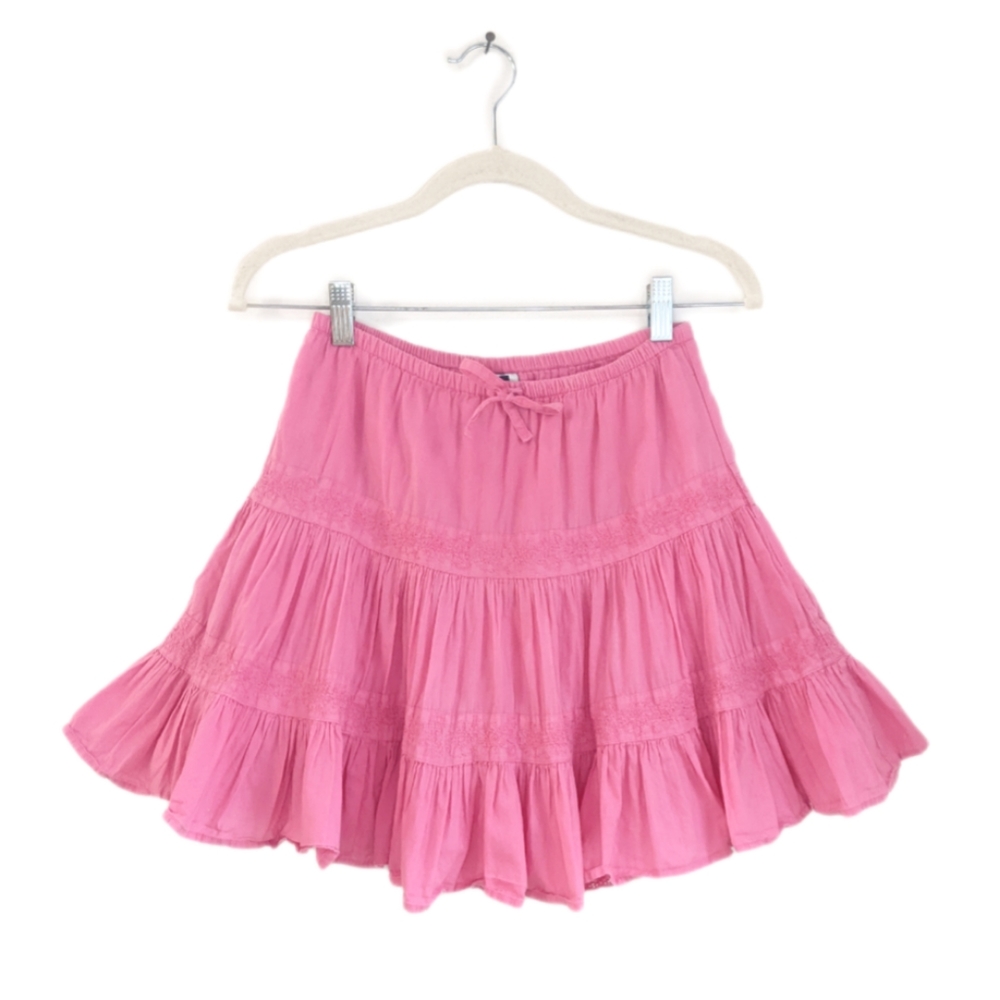 Early 2000s Grunge/Fairycore/Raggedy Ann Pink Flowy Full Tiered Mini Skirt